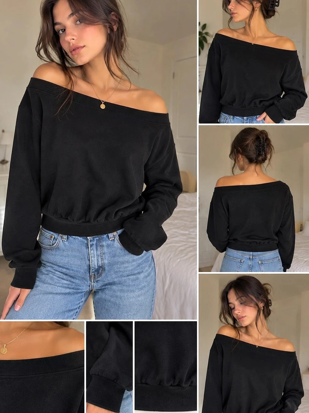 Women's Black Off-Shoulder Sweatshirt